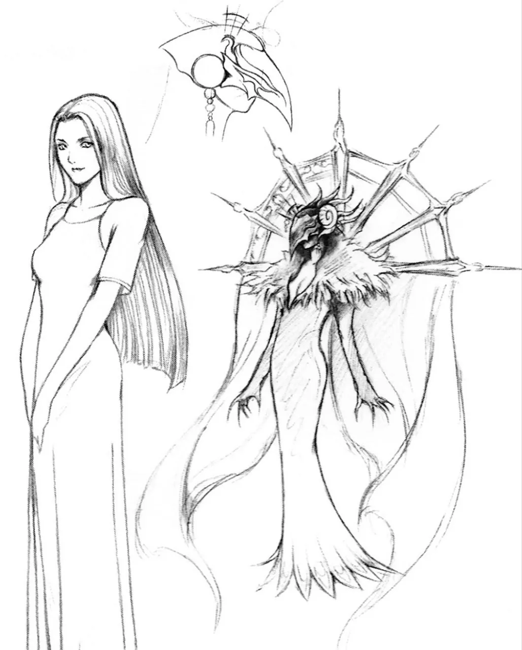 sorceress concept art, drawn for final fantasy vii by tetsuya nomura, salvaged from a filing cabinet for ff8's antagonist edea.